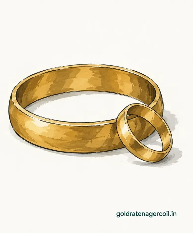 Drawing of a plain gold bangle with a plain gold ring resting against it.